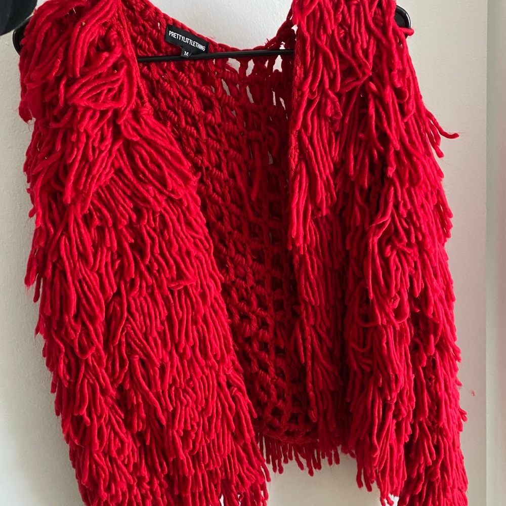 Red Shaggy Knit Cropped Cardigan